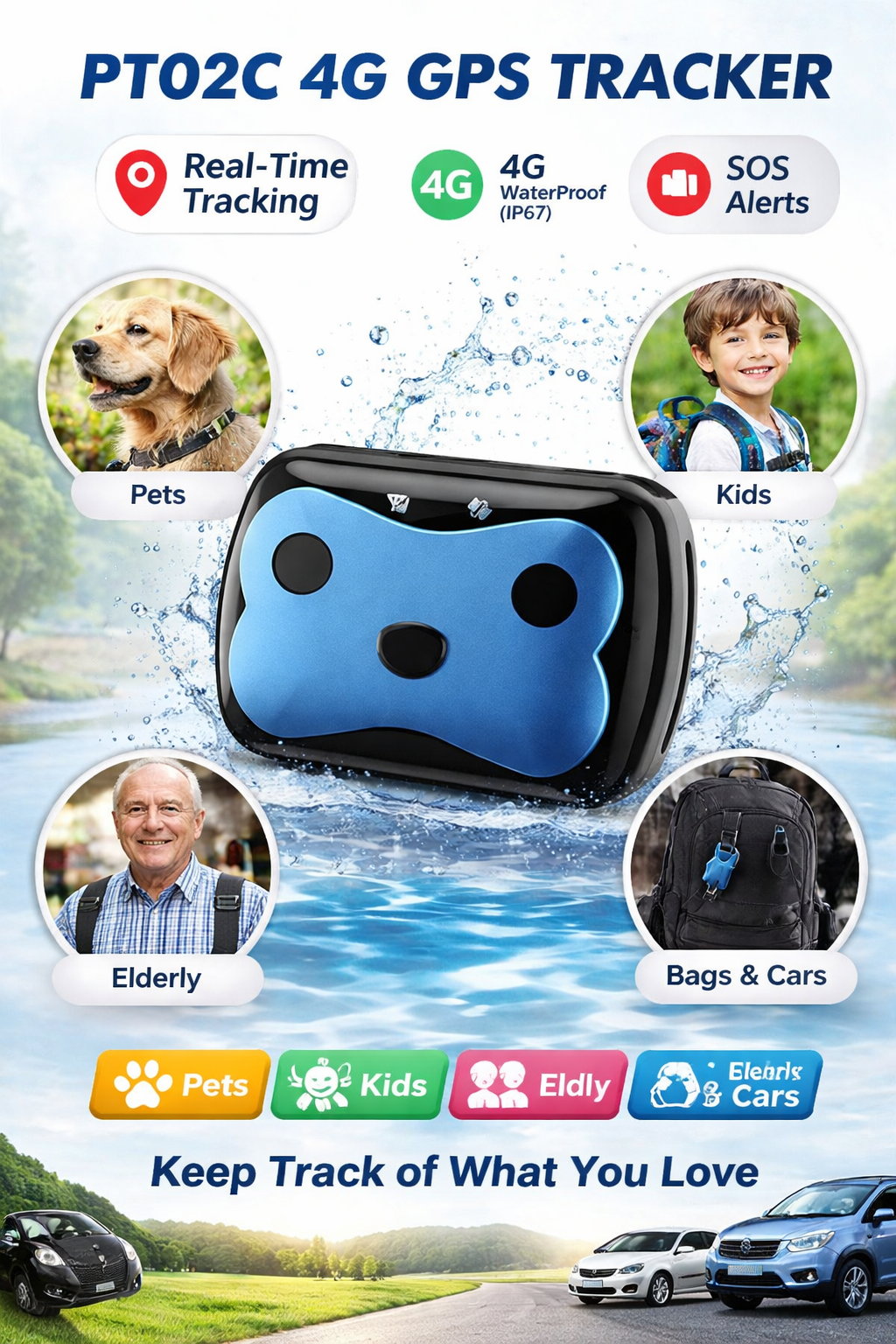 Small 4G GPS tracker device for pets and people with waterproof design and long battery life.